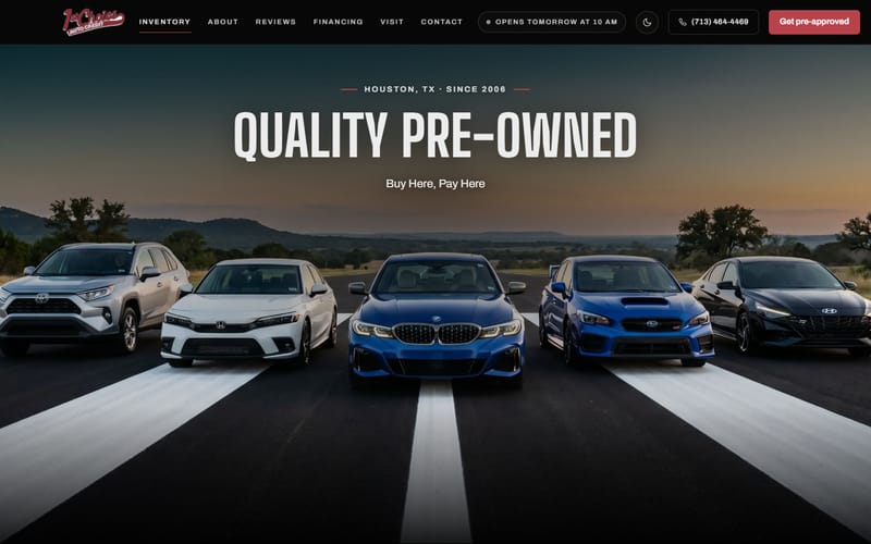 The live 1st Choice Auto Credit homepage, with five cars lined up on a runway under the headline Quality Pre-Owned.