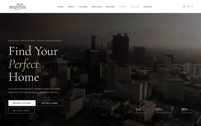 The live Brookside Realty homepage over a city skyline, headed Find Your Perfect Home.