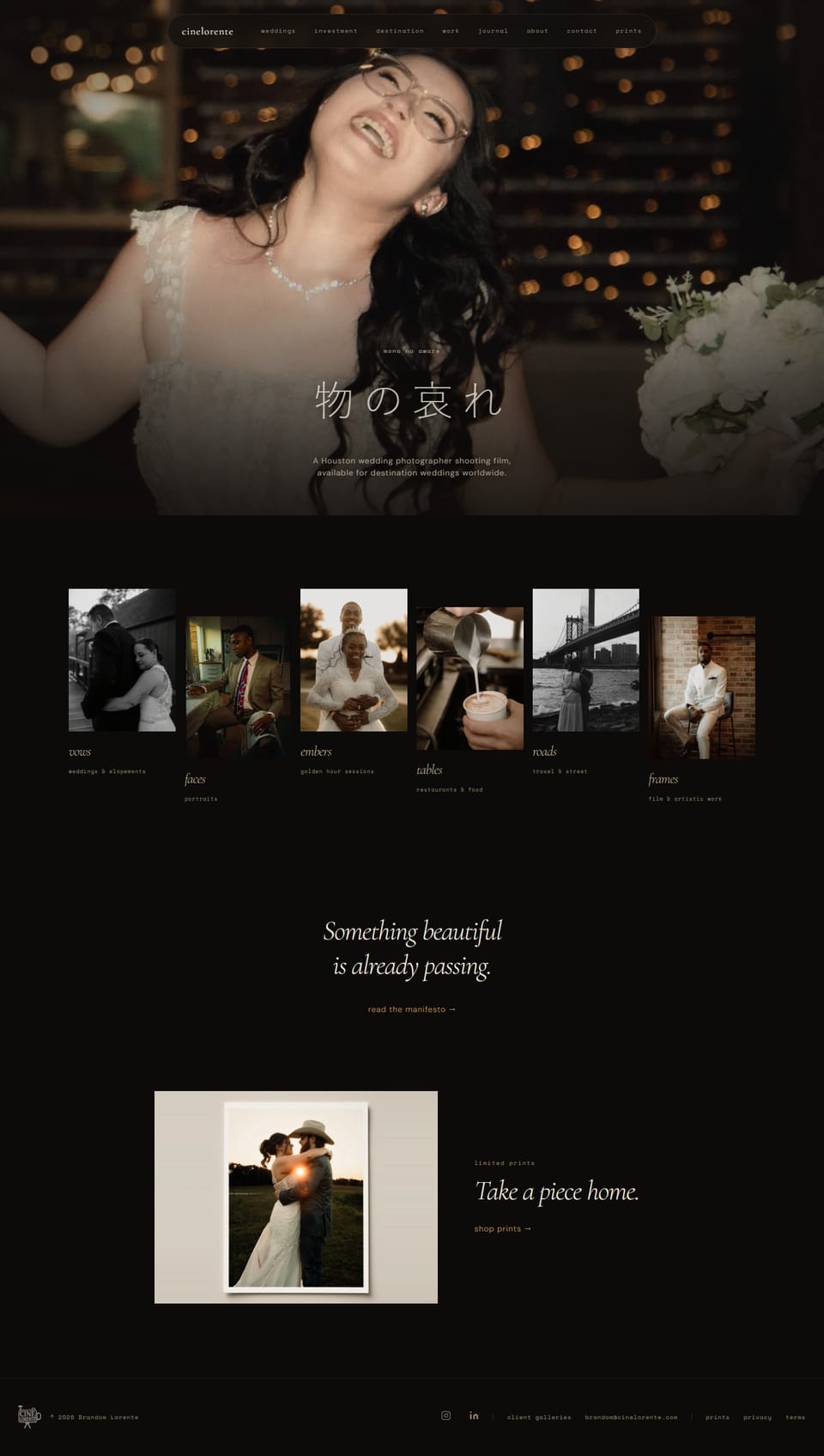The full Cine Lorente homepage, from the hero photo through the series gallery to the prints section.
