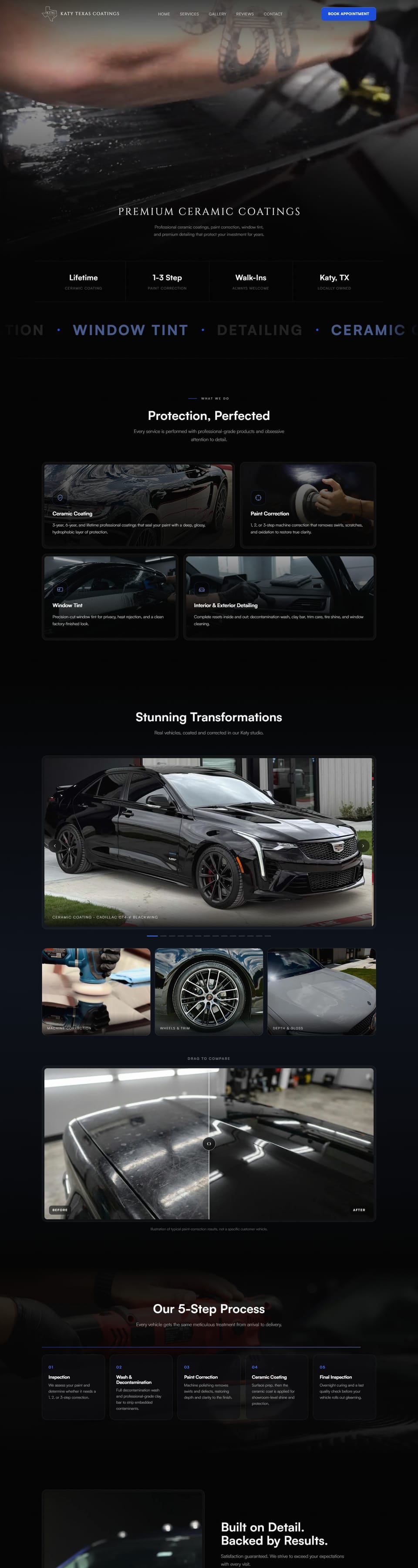 The full Katy Texas Coatings homepage: hero, services, gallery, before and after slider and process steps.