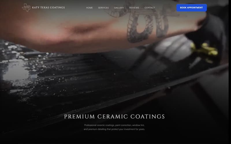 The live Katy Texas Coatings homepage with its Premium Ceramic Coatings headline.
